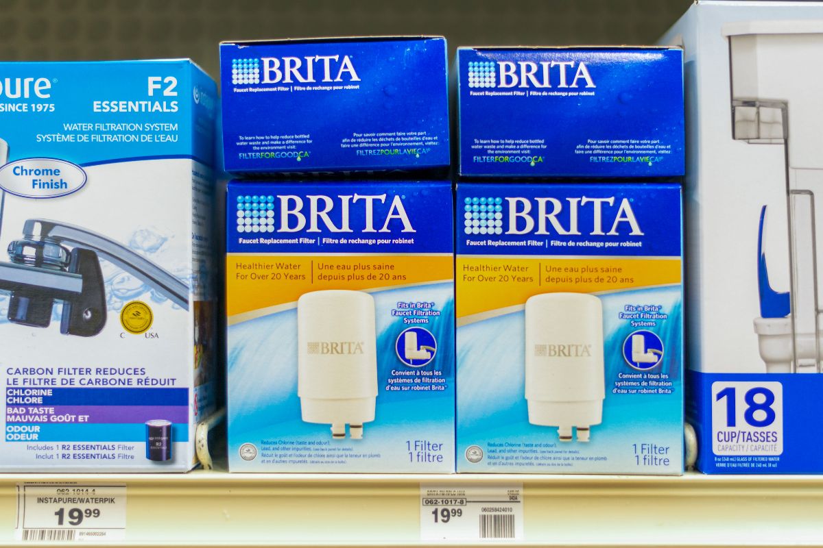 Brita branded water filters in a store shelf